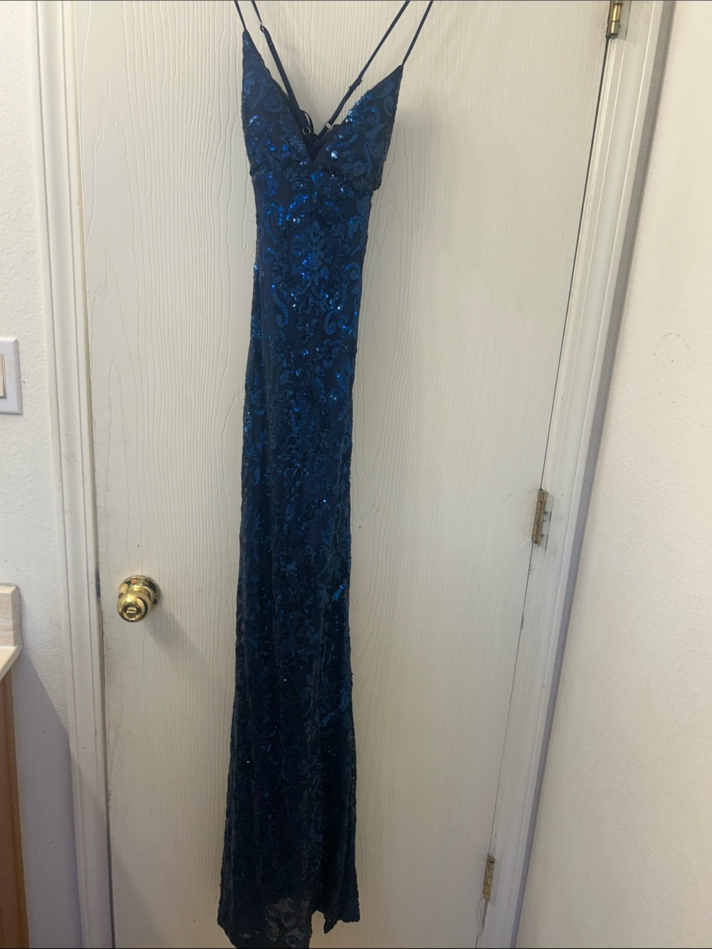 Fashion Nova Navy Blue Sequin Lace Evening Gown